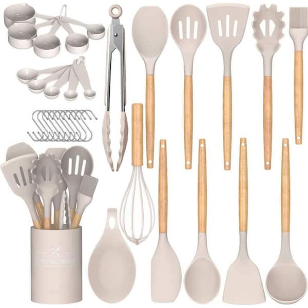 33 Pieces Khaki Non-Stick Silicone Cooking Kitchen Trivets Utensils Spatula Set w/ Holder, Wooden Handle, Heat-Resistant