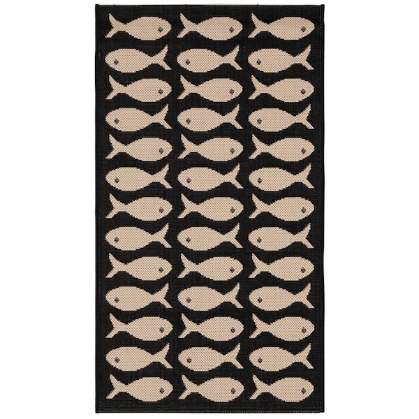 Courtyard Black/Beige 2 ft. x 4 ft. Geometric Fish Indoor/Outdoor Area Rug