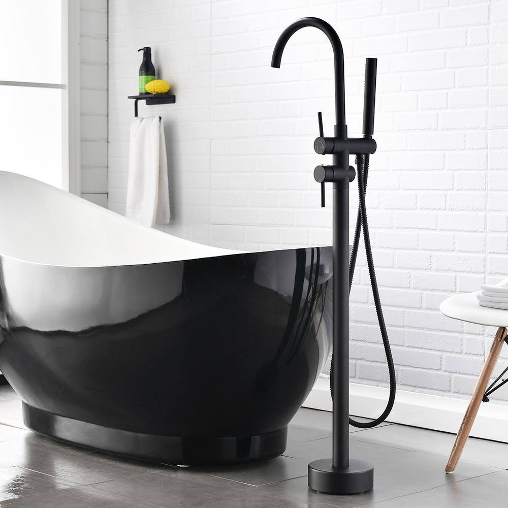 Matte Black Floor Mount Freestanding Tub Filler with Handheld Shower