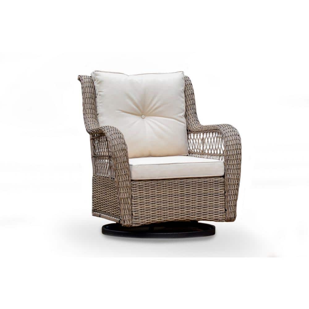 Sandstone Wicker Swivel Glider Armchair with Beige Cushions