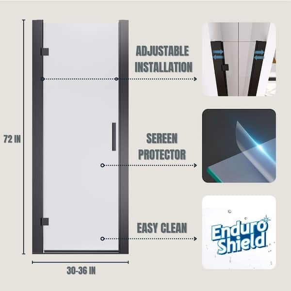 34 in. to 36 in. W x 72 in. H Pivot Hinged Swing Frameless Shower Door in Black with Clear Glass