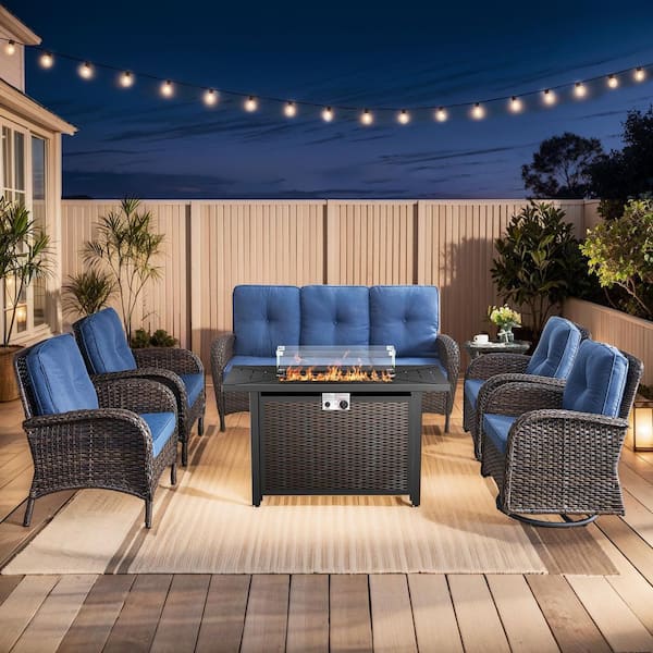 Bellefurn Rotavia Brown PE Wicker 7-Piece Outdoor Rectangular Fire Pit Table Patio Conversatoin Sofa Set with Blue Cushions