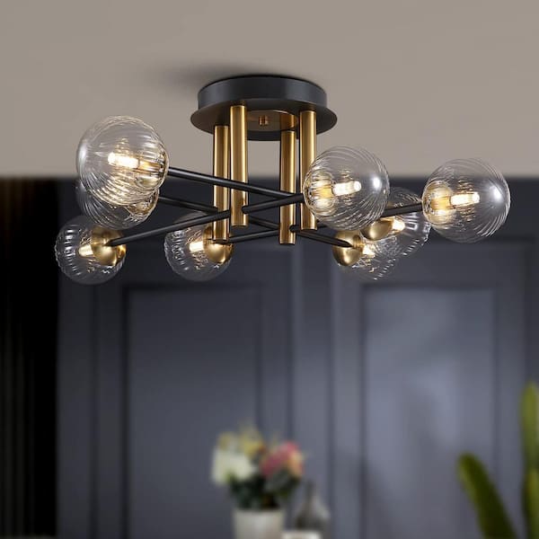 SILJOY 8-Light Modern Black Sputnik Chandelier Gold Semi Flush Mount With Clear Glass Shades For Dining Room