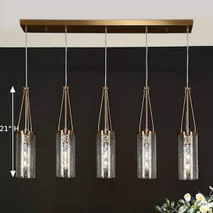 Modern Brass Island Linear Chandelier 5-Light Drum Cylinder High Ceiling Light with Hammered Glass Shades for Kitchen