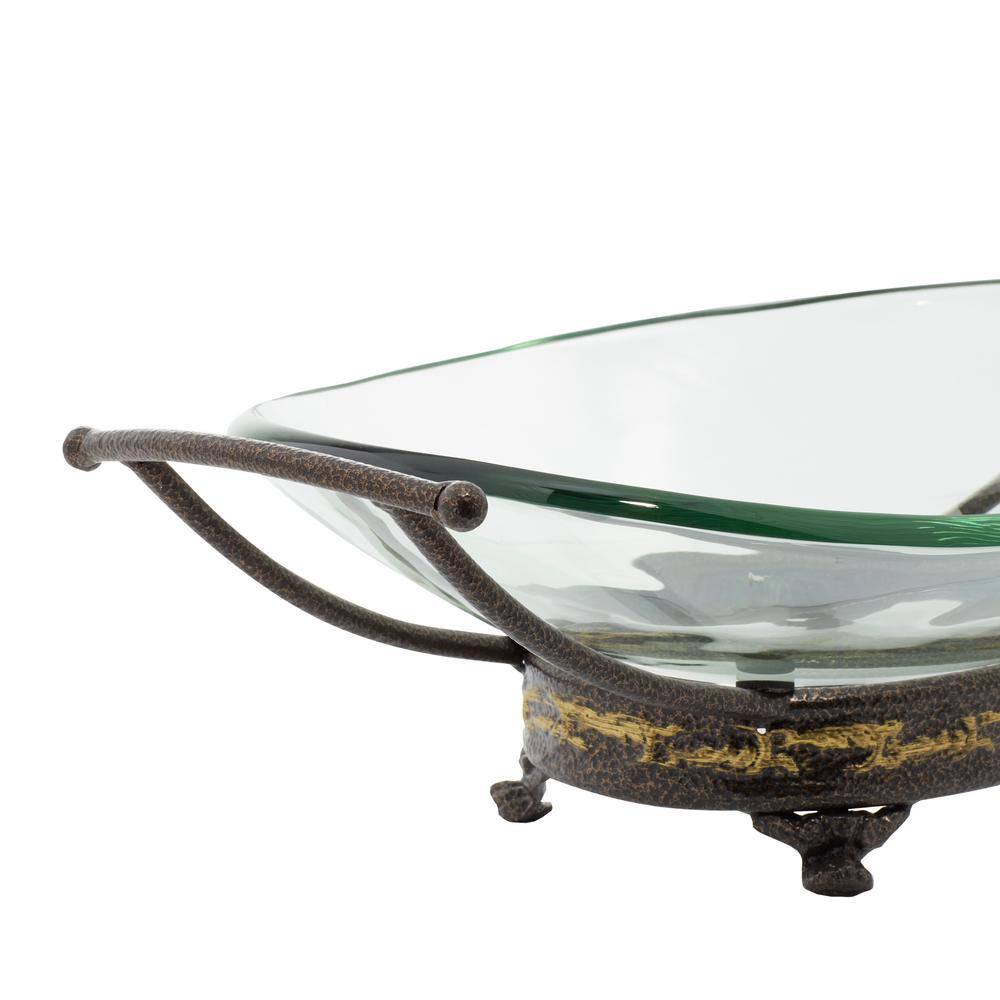 Clear Tempered Glass Elliptical Serving Bowl with Brown Metal Base