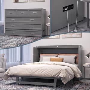 Northfield Grey Solid Wood Frame Queen Murphy Bed with Mattress and Built In Charging Station