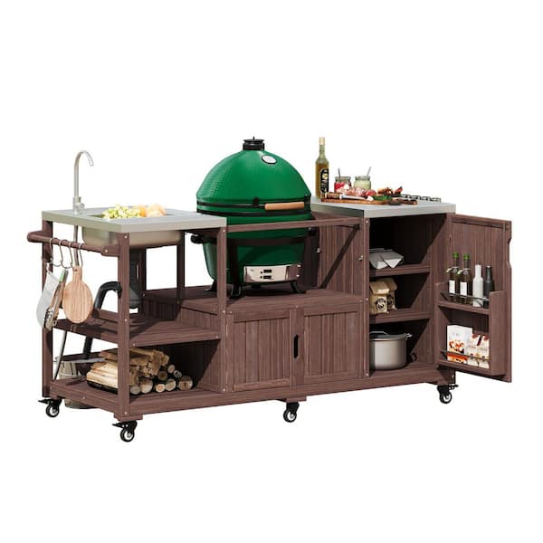 Brown Solid Wood Outdoor Bar Cart Grill Cart Kitchen Island with Sink, Stainless Steel Top