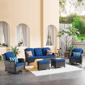 Maroon Lake Brown 6-Piece Wicker Patio Conversation Seating Sofa Set with Navy Blue Cushions and Swivel Rocking Chairs