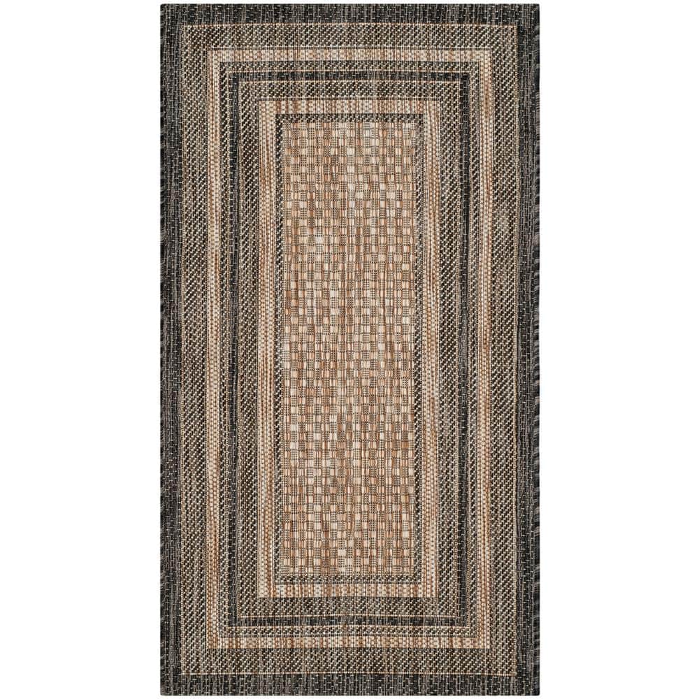 Natural and Black Rectangular Washable Synthetic Area Rug