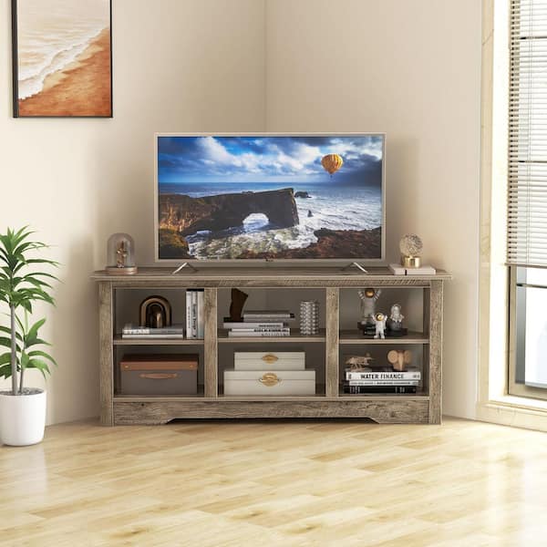FORCLOVER Gray 58 in. TV Stand with 6-Open Storage Shelves Fits TVs up to 65 in.