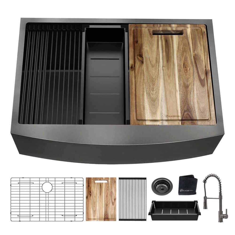 33 in. Farmhouse/Apron-Front Single Bowl 18 Gauge Gunmetal Black Stainless Steel Workstation Kitchen Sink with Faucet price history on PriceWatchPro
