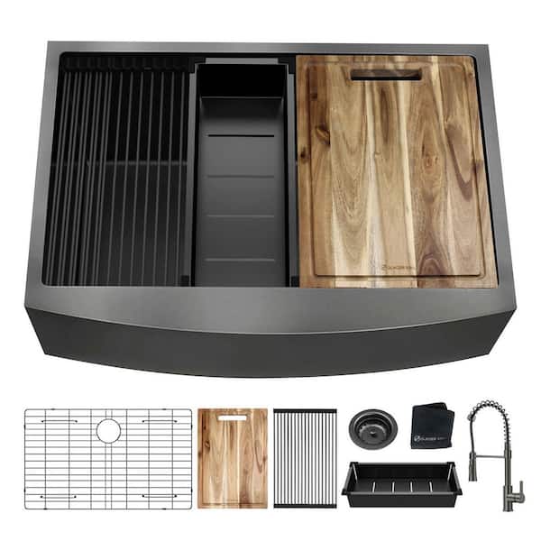 33 in. Farmhouse/Apron-Front Single Bowl 18 Gauge Gunmetal Black Stainless Steel Workstation Kitchen Sink with Faucet