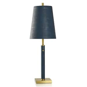 Shagreen 29.5 in. Gold Candlestick Task and Reading Table Lamp for Living Room with Blue Faux Leather Shade