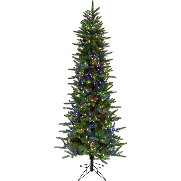 Fraser Hill Farm 7.5-ft. Pre-Lit Carmel Pine Slim Green Artificial Christmas Tree, Multi-Color LED Lights