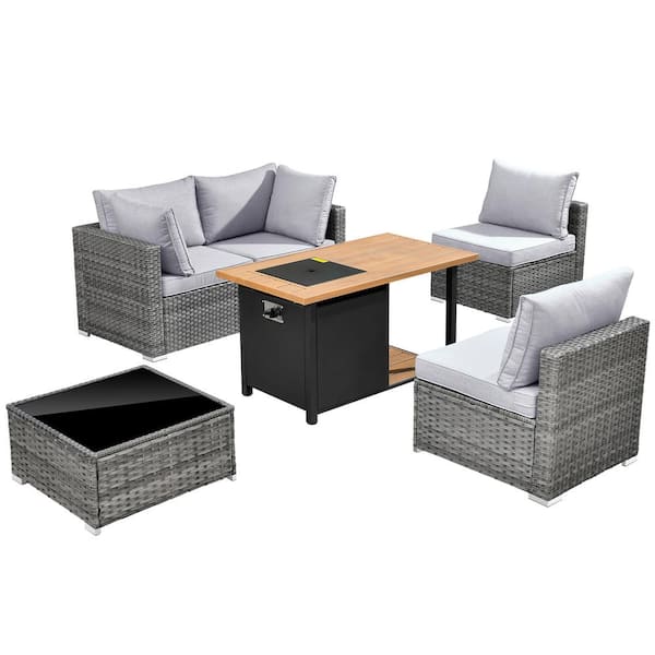 Sanibel Gray 6-Piece Wicker Outdoor Patio Conversation Sofa Set with a Storage Fire Pit and Light Gray Cushions