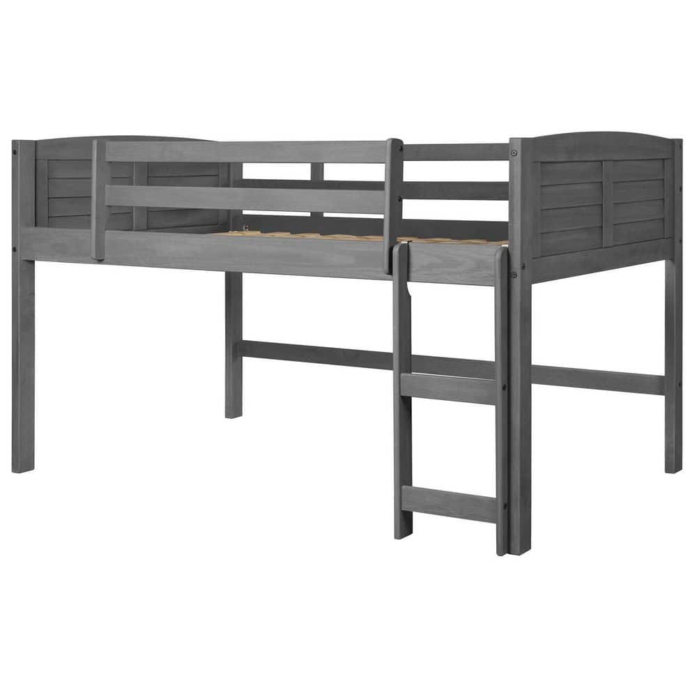 Antique Grey Pine Twin Low Loft Bed with Storage and Bookcase