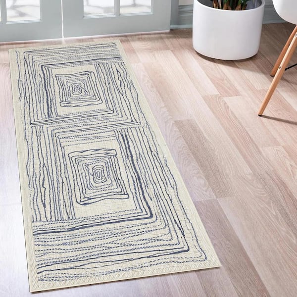 Kalina 2 ft. x 8 ft. Ivory&Blue Indoor/Outdoor Area Rug
