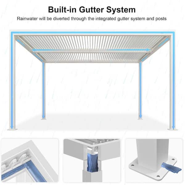 10 ft. x 12 ft. White Aluminum Frame Outdoor Hardtop Louvered Pergola with Adjustable Sunshade Roofs and In-Built Gutter