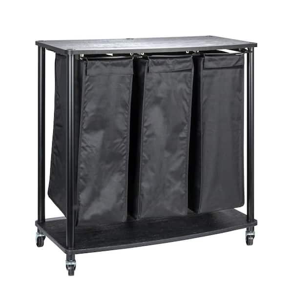 Black 31.5 in. H x 17.32 in. W x 31.5 in. D Metal and Linen 3-Bag Laundry Sorter