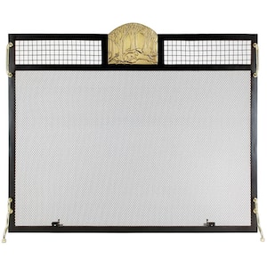 38 in. L Polished Brass and Matte Black 1-Panel Forest Fox Emblem Fireplace Screen