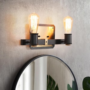 13.4 in. 2-Light Matte Black Industrial Wall Mount Sconce Light with Modern Gold Metal Accent