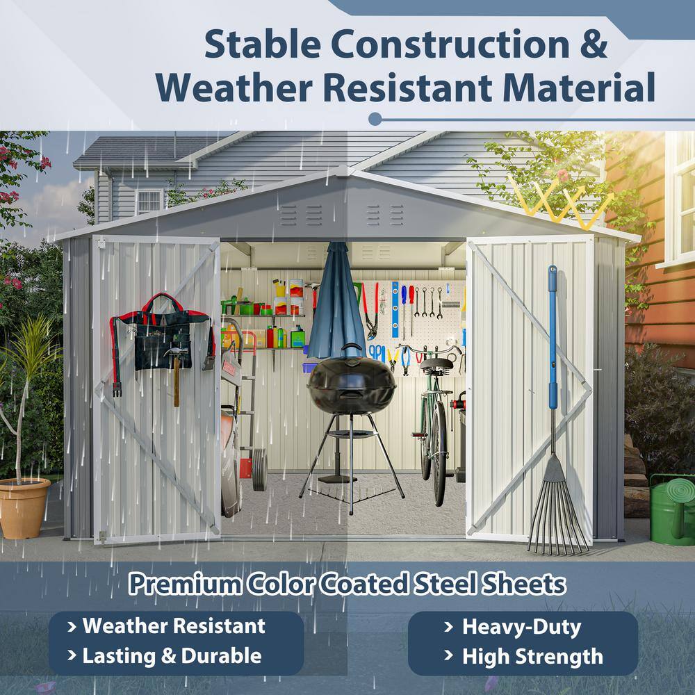 10' x 8' Gray Metal Double Door Storage Shed