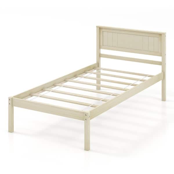 Costway Natural Yellow Wood Frame Twin Size Platform Bed Frame with Headboard Mattress Foundation
