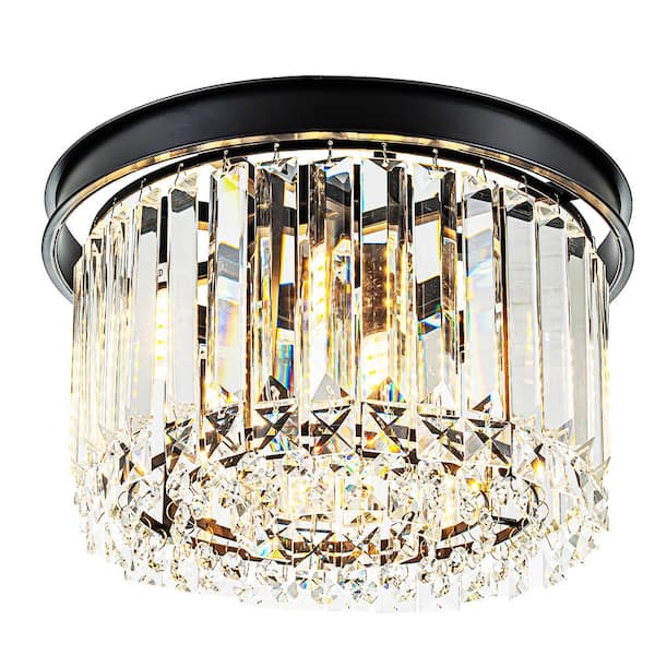 Sefinn Four 11.8 In. 4-Light Black Finish Drum Style Flush Mount with Crystal Accents and No Bulbs Included