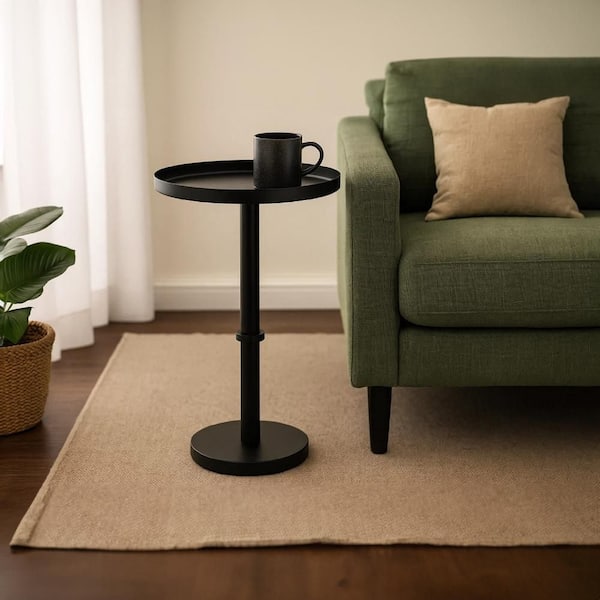 THE URBAN PORT Ara 12 in. Matte Black Round Metal Top Side End Table with Sleek Pillar Base and Tray Top