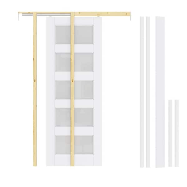 32 in. x 80 in. 5-Lite Frosted Glass Primed White Wood Sliding Pocket Door with Pocket Door Frame, Jamb and Hardware Kit