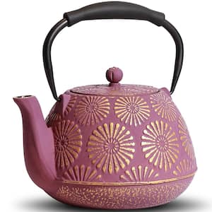 4-Cup Purple Cast Iron Tea Pot with Enameled Interior, 40 oz. Tea Kettle with Infuser for Stove Top