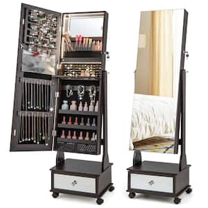 16.5 in. x 14 in. x 62.5 in. Brown Wood Jewelry Cabinet Armoire Full-Length Mirror Lockable with 3-Color LED Lights