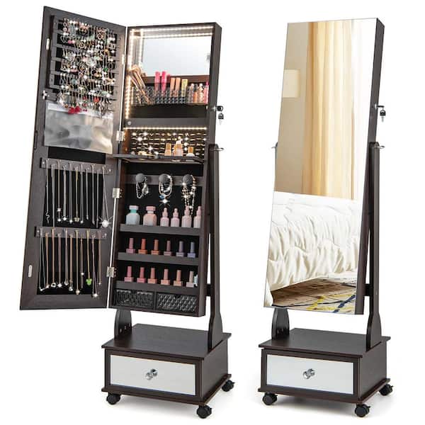 Costway 16.5 in. x 14 in. x 62.5 in. Brown Wood Jewelry Cabinet Armoire Full-Length Mirror Lockable with 3-Color LED Lights