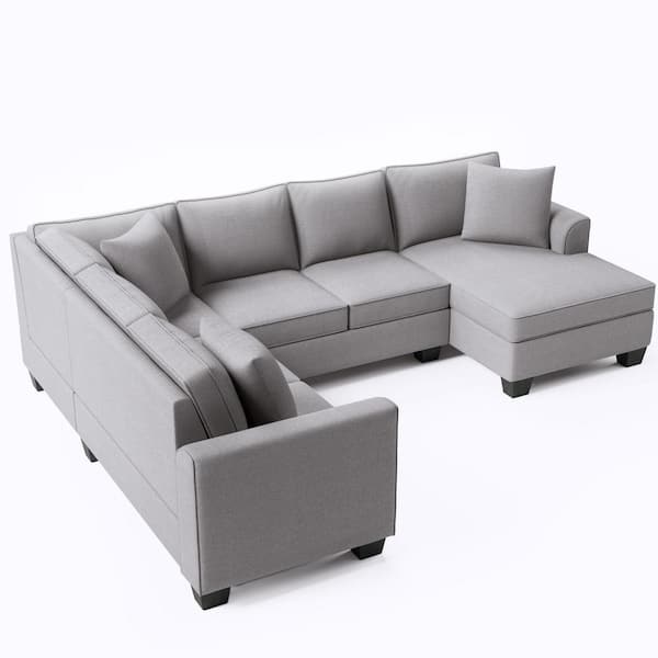 Unbranded Classic 110 in. W Square English Arm 3-Pieces Polyester U-shaped Sectional Sofa in Light Gray with Removable Cushions