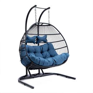 Wicker 2-Person Double Folding Hanging Egg Swing Chair Porch Swing with Navy Blue Cushions