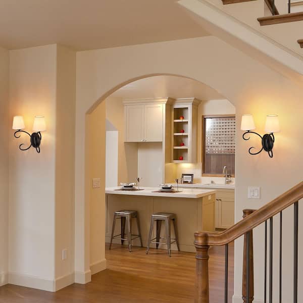 Modern 15.45 in. 2-Light Matte Black Farmhouse Candlestick Wall Sconce with White Fabric Shade