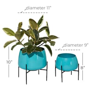 10 in., and 8 in. Small Teal Metal Indoor Outdoor Planter with Removable Stand (2- Pack)
