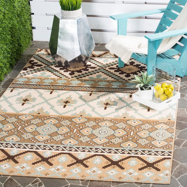 Veranda Creme/Brown 7 ft. x 7 ft. Tribal Aztec Indoor/Outdoor Square Area Rug