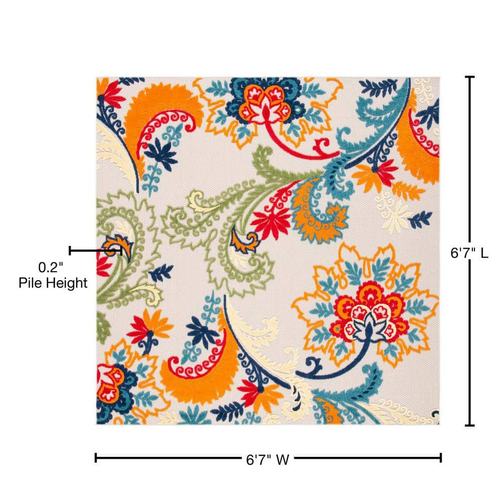 Ivory and Blue Floral Synthetic Square Rug