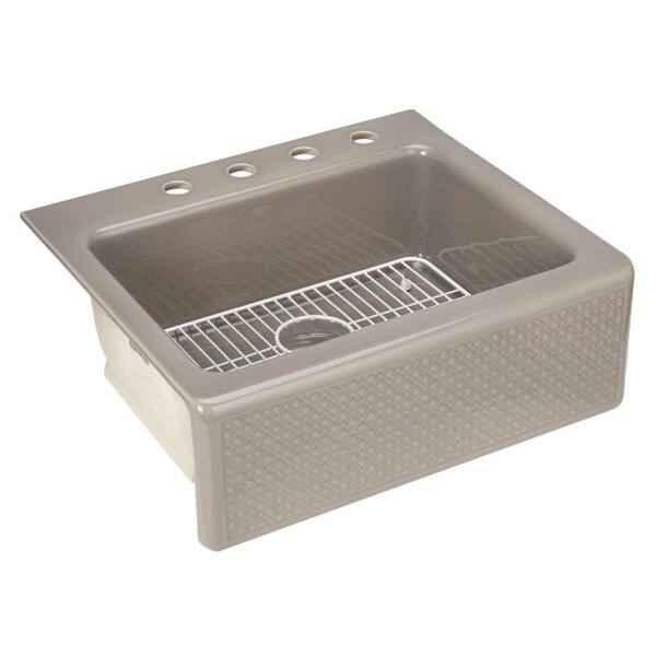 KOHLER Evenweave Design on Alcott Fireclay 25 in. 4-Hole Single Basin Kitchen Sink in Translucent Cashmere