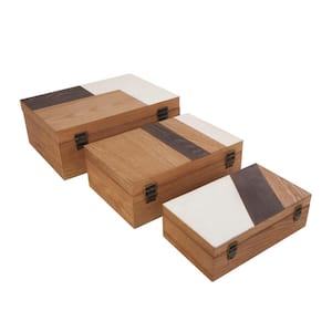 Rectangle in Wooden Geometric Box with Cream and Dark Brown Stripes (Set of 3)