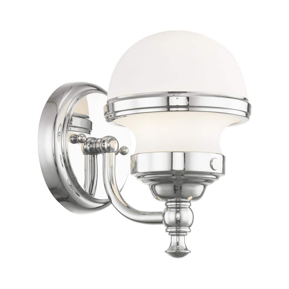 Sleek Industrial Polished Chrome 1-Light Bath Vanity with Hand Blown Opal Glass