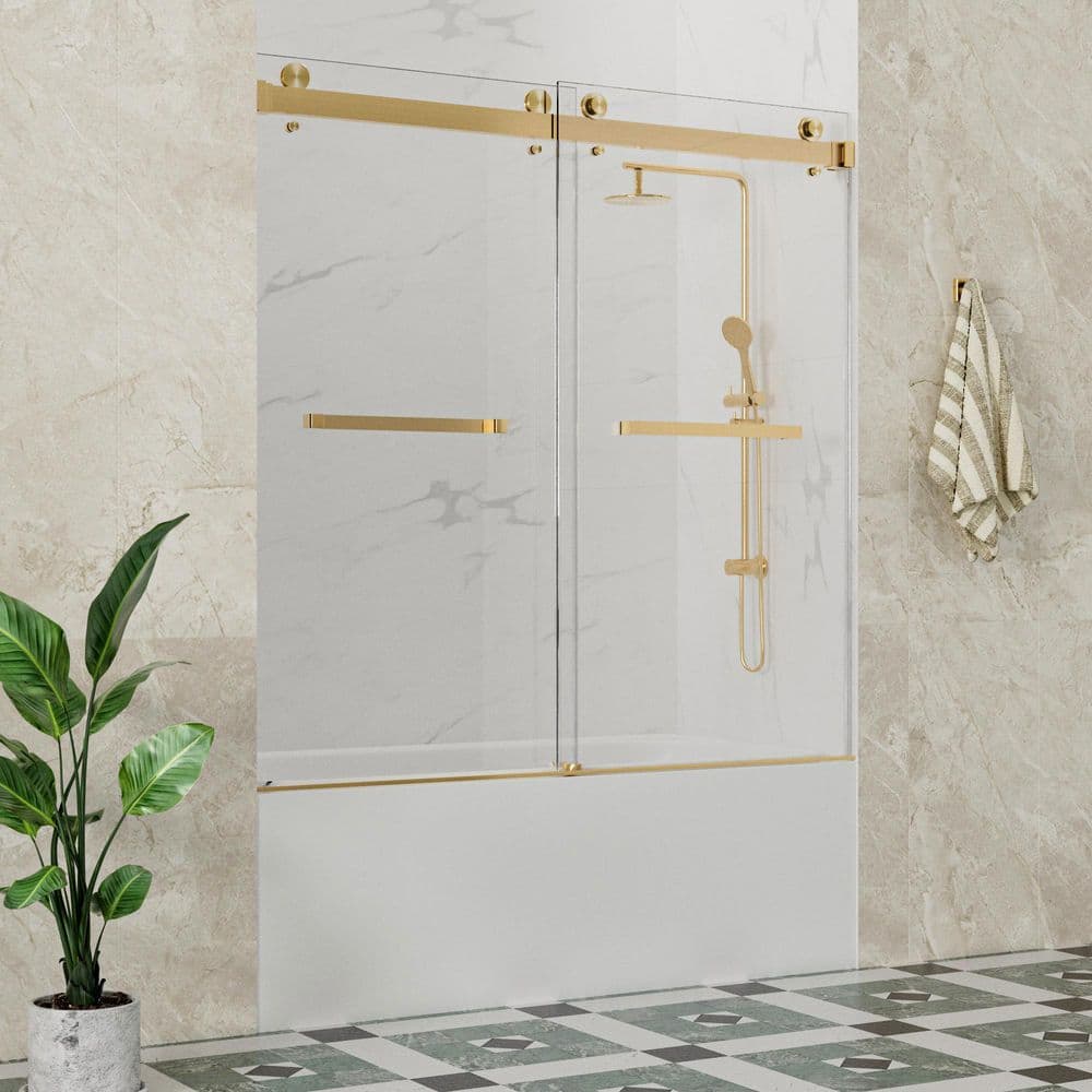 Sola 56-60 in. W x 60 in. H Double Sliding Frameless Tub Door in Brushed Gold with 3/8 in. Clear Glass price history on PriceWatchPro