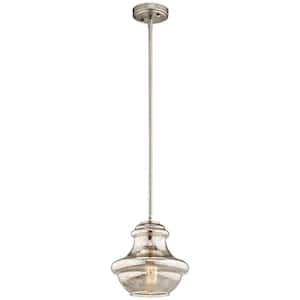 Everly 9.25 in. 1-Light Brushed Nickel Transitional Shaded Kitchen Mini Pendant Hanging Light with Mercury Glass