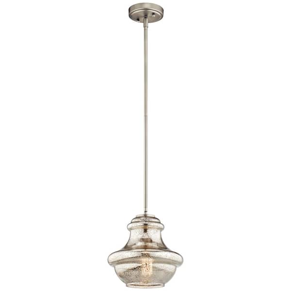 KICHLER Everly 9.25 in. 1-Light Brushed Nickel Transitional Shaded Kitchen Mini Pendant Hanging Light with Mercury Glass
