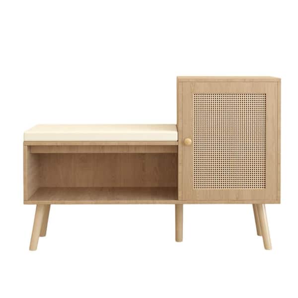 27.56 in. H x 39.37 in. W Natural Wood+Rattan Shoe Storage Cabinet with 2 Adjustable Shelves and Removable Seat Cushion