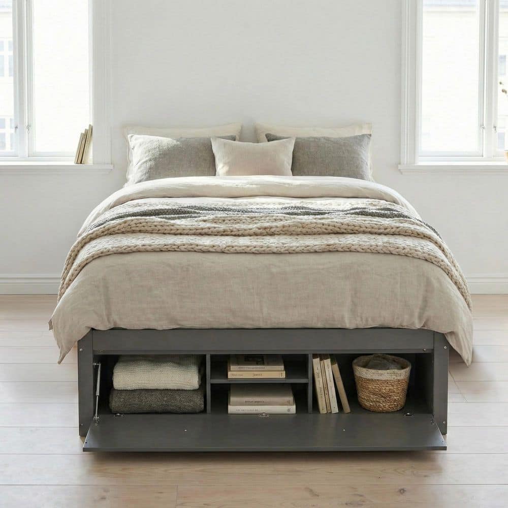 Okena Gray Wood Frame Queen Size Platform Bed with 4 Storage Drawers and Hydraulic Lift Footboard Storage price history on PriceWatchPro