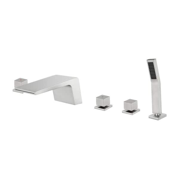 Single-Handle Tub Deck Mount Roman Tub Faucet with Hand Shower and Water Suply Hose in Brushed Nickel