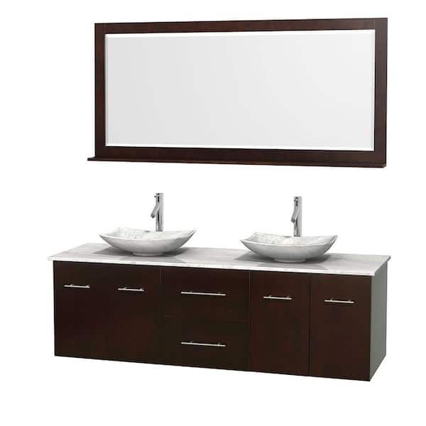 Wyndham Collection Centra 72 in. Double Vanity in Espresso with Marble Vanity Top in Carrara White, Marble Sinks and 70 in. Mirror