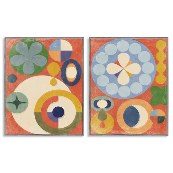 Stupell Industries Retro Mixed Boho Shapes by Victoria Barnes 2 Pieces Gray Framed Abstract Giclee Art Print 30 in. x 24 in.